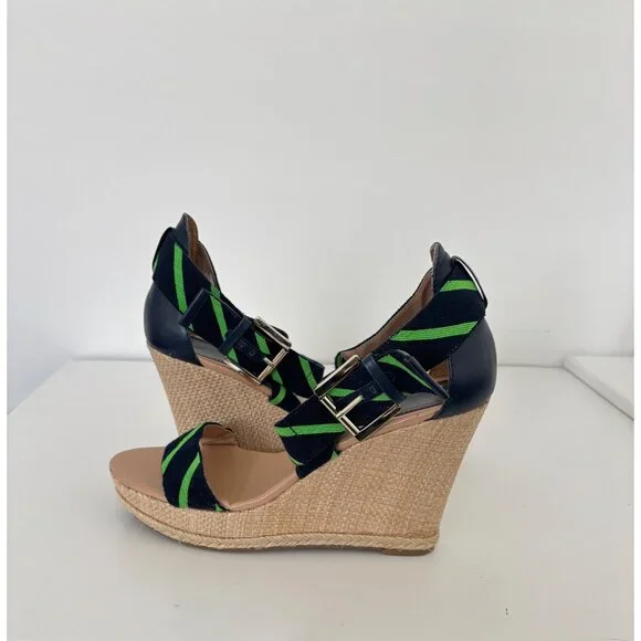 Tommy Hilfiger Sandals 10 Wedge Navy Green Striped Espadrille Preppy Nautical - Picture 16 of 16